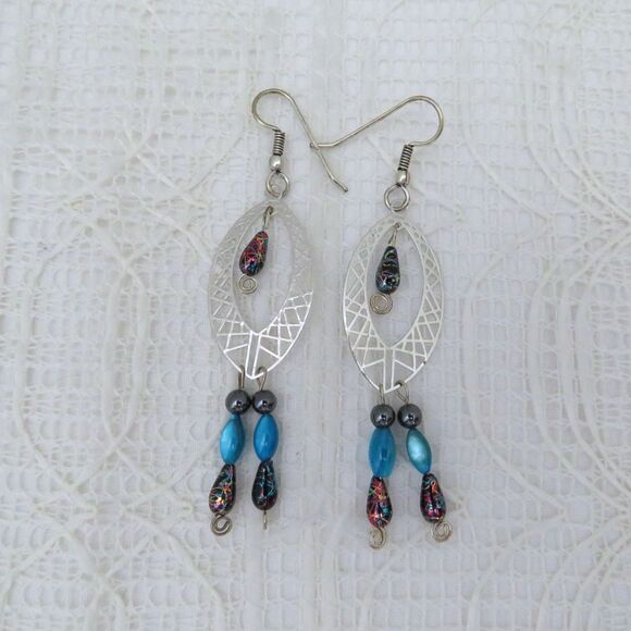 Silver Toned Chandelier Earrings, Hematite Jewelry, Long Dangle Earrings Women - Picture 2 of 9